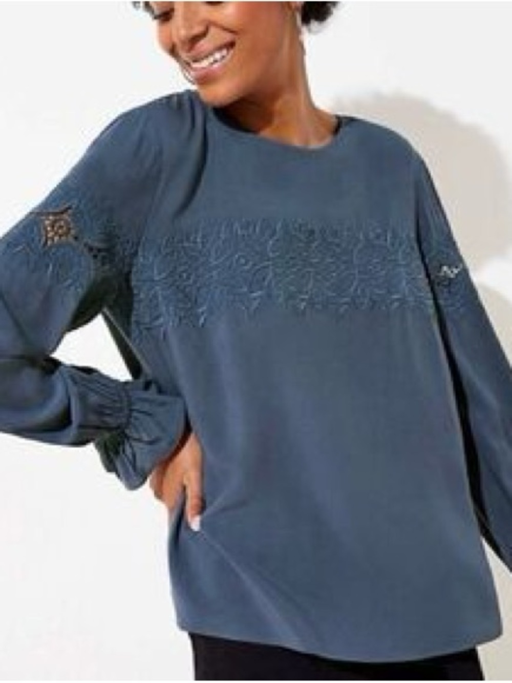 LOFT Slate Blue Embroidered Long-Sleeve Blouse